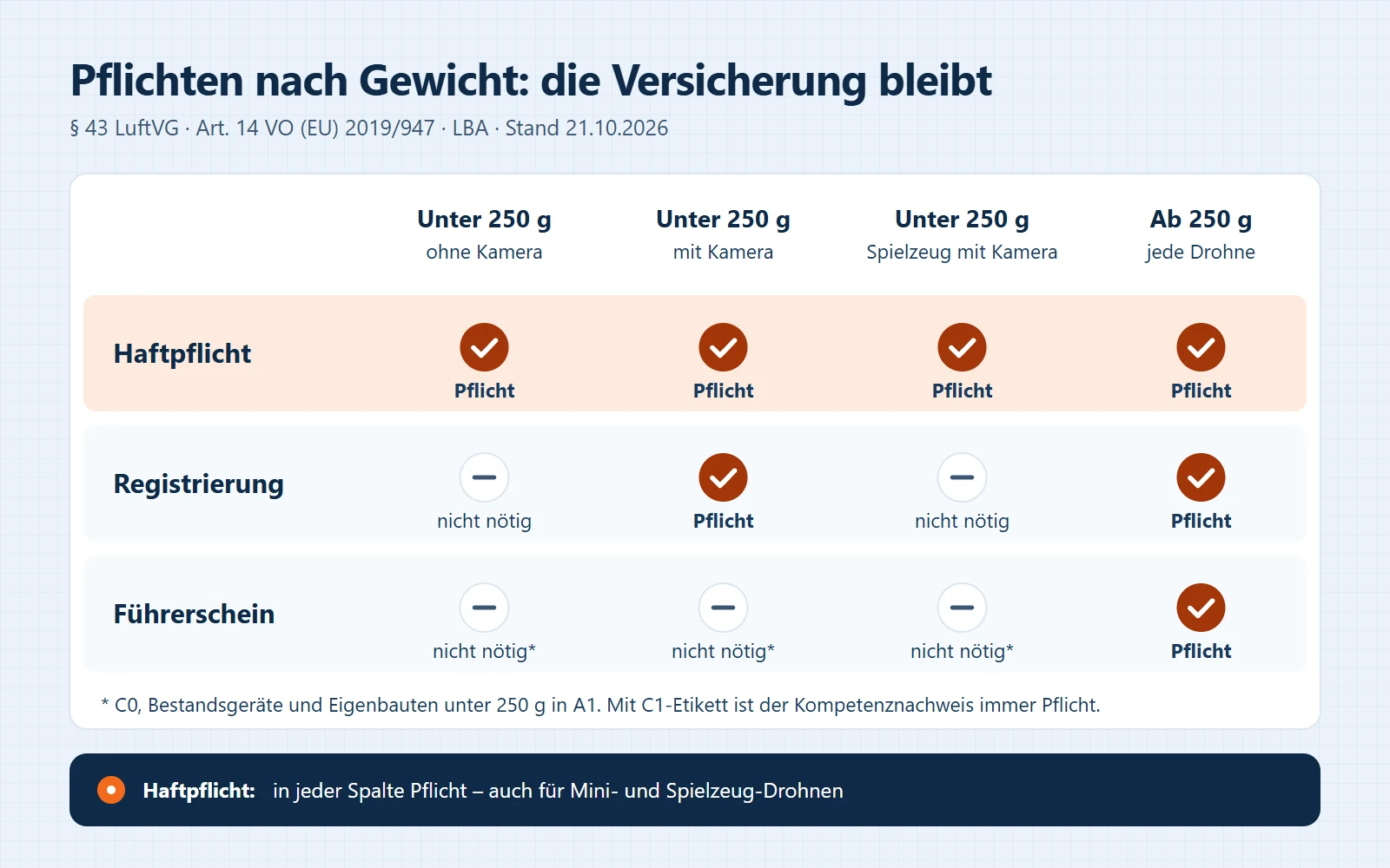 Pflichten nach Gewicht: Unter 250 g ohne Kamera nur Haftpflicht, unter 250 g mit Kamera Haftpflicht und Registrierung, Spielzeug mit Kamera nur Haftpflicht, ab 250 g Haftpflicht, Registrierung und Kompetenznachweis.